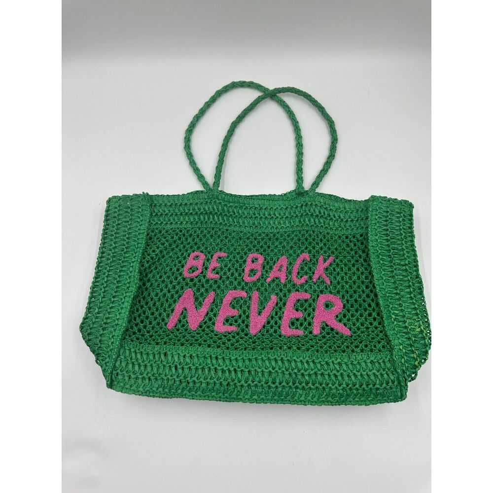 Woven Straw Tote Bag 18" x  11" w Pink Logo "Be Back Never" Embroidery EUC